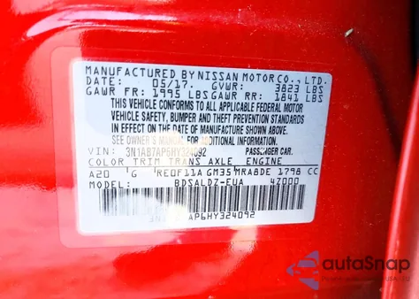 2017 Nissan Sentra S from USA, damaged, VIN 3N1AB7AP6HY324092